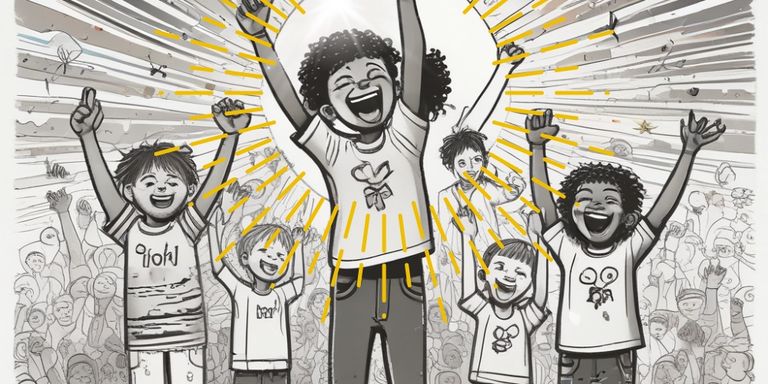 Fünf fröhliche Kinder mit erhobenen Armen stehen vor einer jubelnden Menschenmenge, von denen zwei Kinder von einem strahlenden gelben Licht umgeben sind.