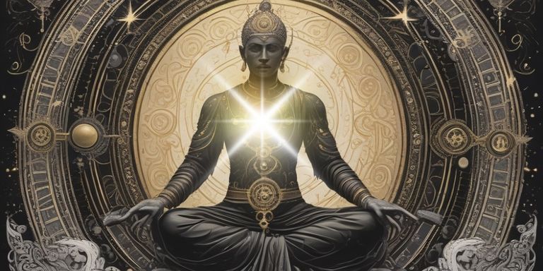 Buddha als Schöpfer sitzt im Lotussitz vor goldener Scheibe. Aus seinem Herzen leuchtet Licht.