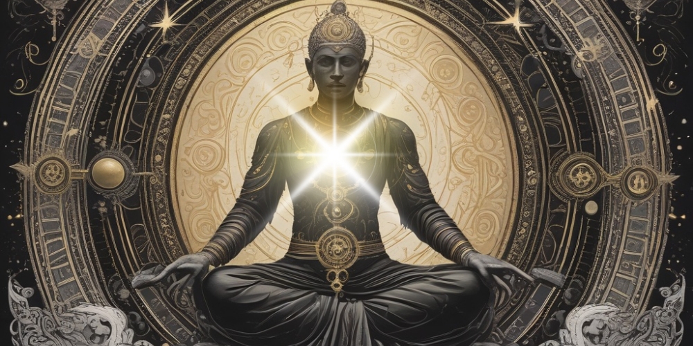 Buddha als Schöpfer sitzt im Lotussitz vor goldener Scheibe. Aus seinem Herzen leuchtet Licht.