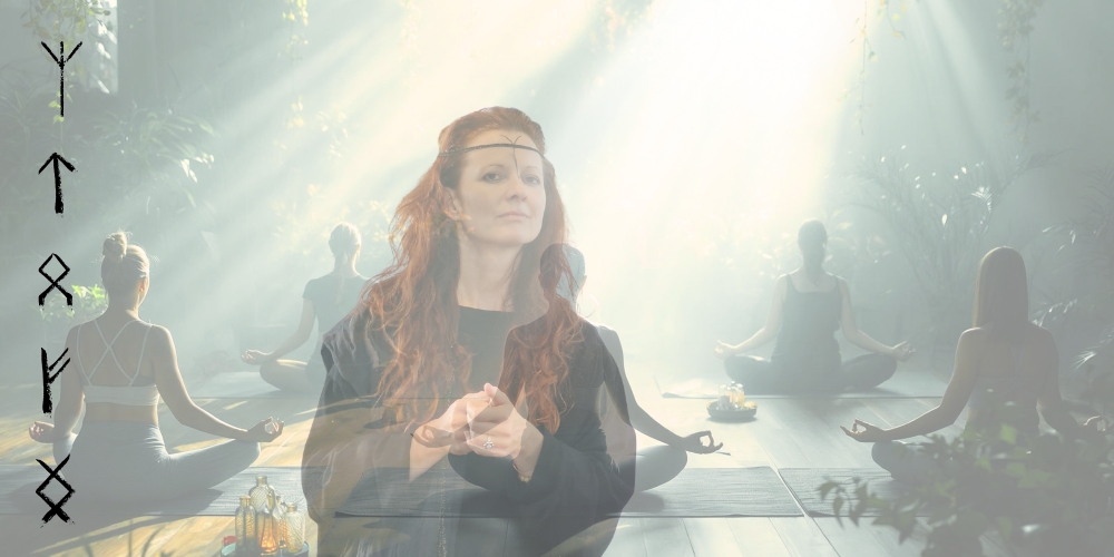 Frau mit rotem Haar und einem Stirnband steht im Vordergrund, während im Hintergrund mehrere Personen auf Yogamatten im Lotussitz meditieren in einem lichtdurchfluteten Raum mit Pflanzen.