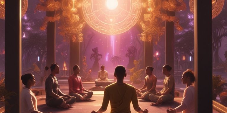 Menschen beim Meditieren. Der Raum sie erfüllt sich mit Gold und Licht.