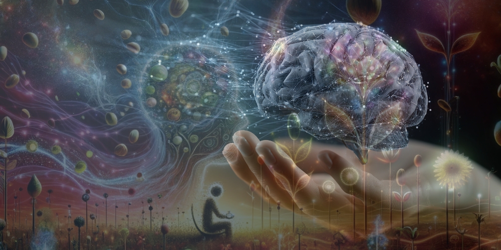 Eine geöffnete Hand hält ein leuchtendes, vernetztes Gehirn mit wachsenden Pflanzenimplantaten, im Hintergrund sitzt eine nachdenkliche Person in einer abstrakten, bunten Landschaft voller organischer Formen.
