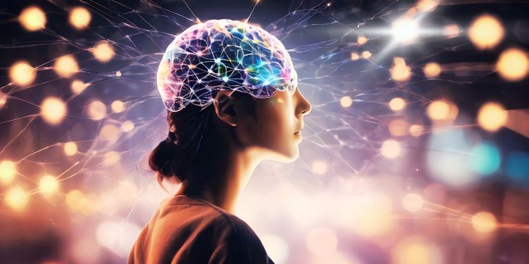 Profilansicht einer Frau mit einem leuchtenden, digital dargestellten Gehirn und neuronalen Verbindungen, die ihre kreative Schöpferkraft symbolisieren