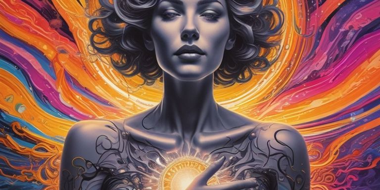 Frau mit leuchtendem Herzbbereich und neonfarben im Hintergrund.