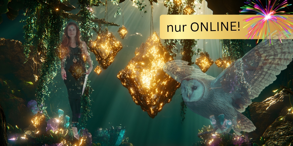 Frau in schwarzem Kleid steht in einer magischen, von leuchtenden Kristallen und schwebenden goldenen Objekten umgebenen Höhle neben einer großen Eule mit ausgebreiteten Flügeln.