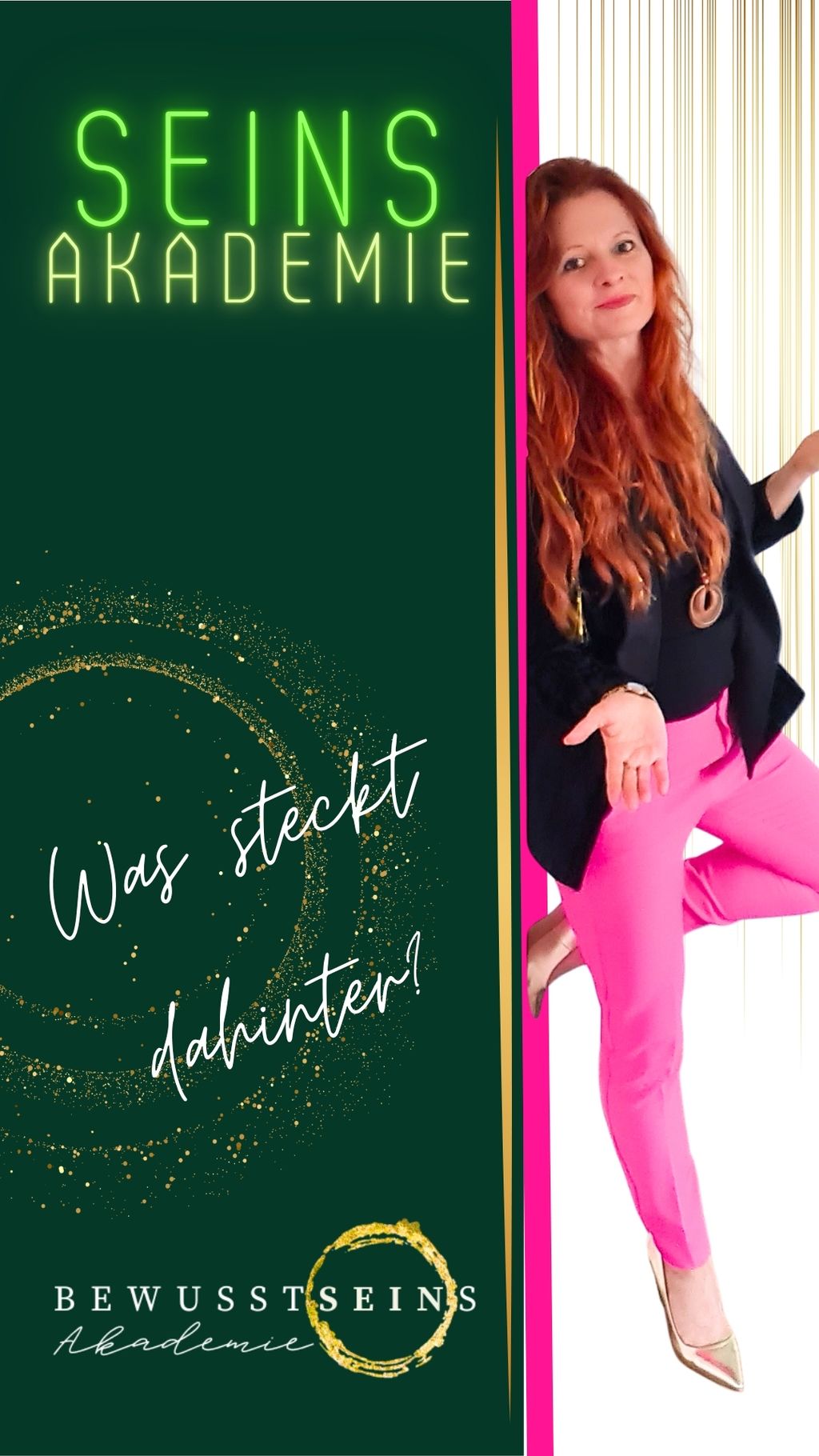 Frau begrüßt die Leser und lehnt an grüner Wand.