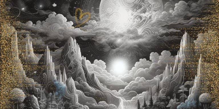 mystisches Landschaftsbild mit goldenem herzen im Himmel