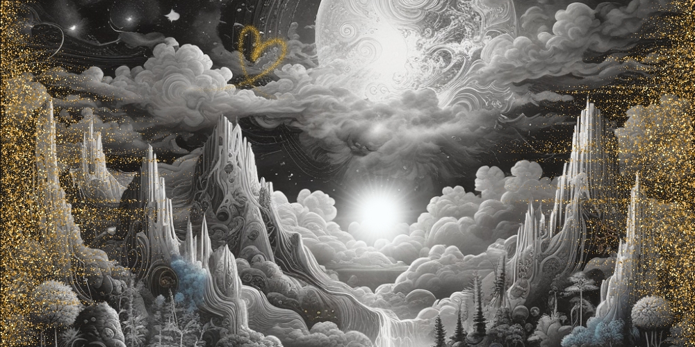 mystisches Landschaftsbild mit goldenem herzen im Himmel