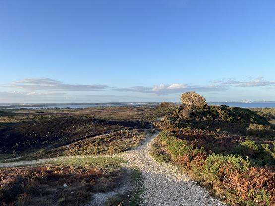 A scenic landscape featuring a winding gravel path leading through grassy fields and ferns, with a large rock formation on the right. In the background, a body of water and a blue sky with scattered clouds are visible, creating a peaceful natural setting.