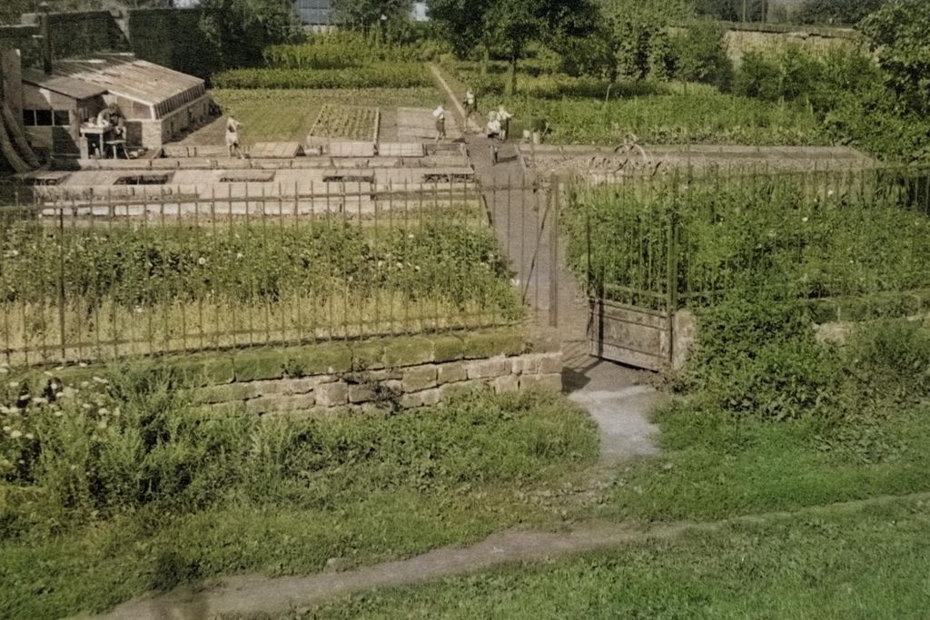 Ein grüner Nutzgarten mit Beeten, begrenzt durch eine Steinmauer und ein Gittertor, mit mehreren Personen, die zwischen den Beeten arbeiten.