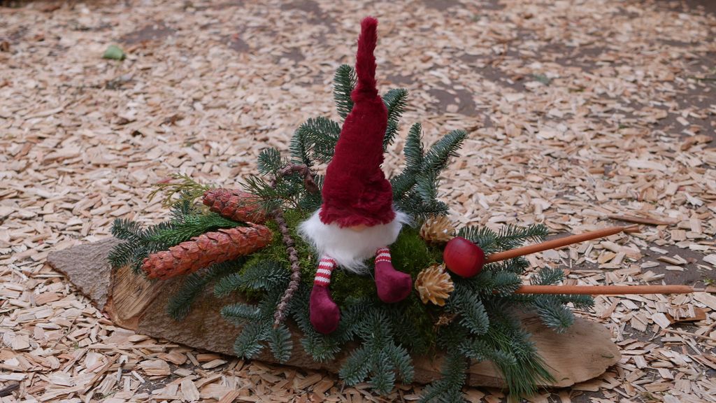 Weihnachtsdekoration mit einem Wichtel mit rotem Zipfelmütze und roten Stiefeln sitzt auf Tannenzweigen mit Zapfen, platziert auf einem Holzscheit vor einem Boden mit Holzspänen.