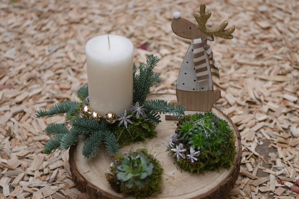 Holzscheibe mit weißer Kerze, grünen Tannenzweigen, dekorativen Sternen, zwei Moos-Gewächsen und einer hölzernen Rentierfigur mit goldenem Geweih und gestreiftem Schal.