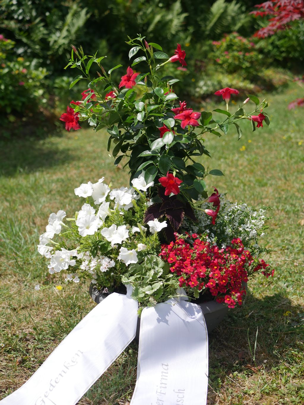 Trauergesteck mit roten, weißen und kleinen roten Blüten auf einer Wiese stehend, mit einem weißen Schleifenband mit Schriftzug.