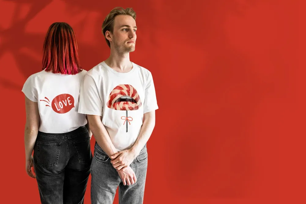deux personnes portant un t-shirt personnalisé avec un design original