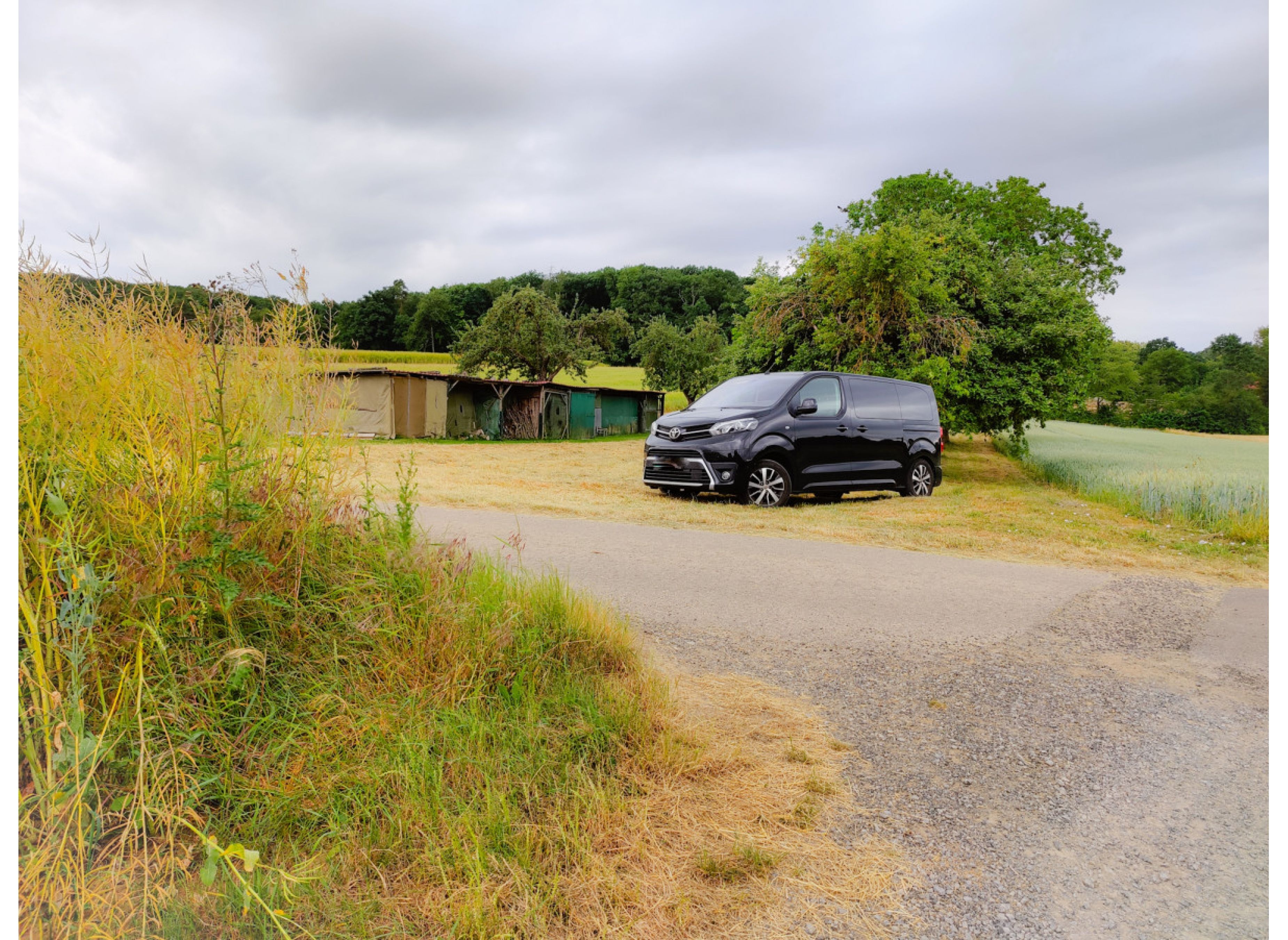Auf der Obstbaum-Wiese inmitten von Feldern — 露营车营地 in Hausen bei Würzburg