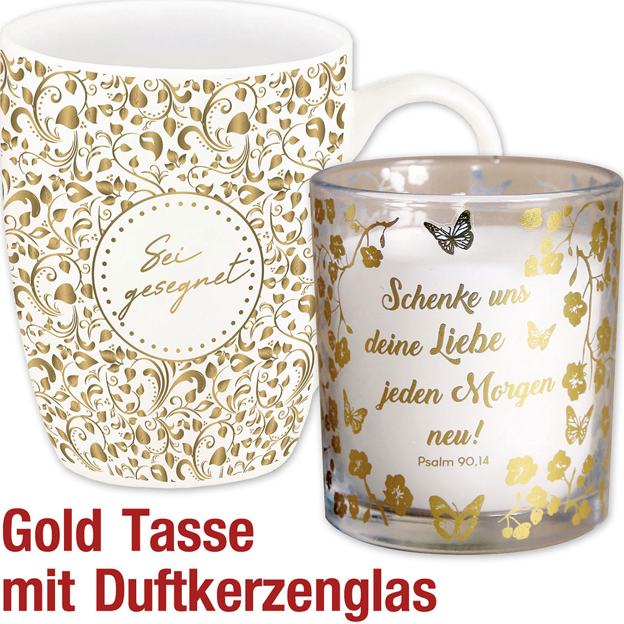 2er-Set Goldtasse 'Gesegnet' mit Duftkerzenglas 'Schenke'