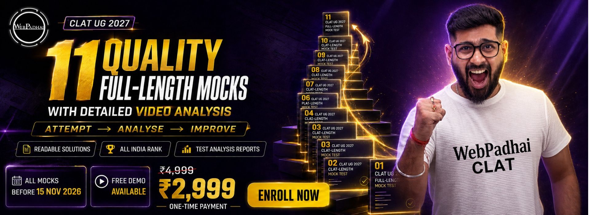 11 Quality Mock Test and Video Analysis Course CLAT