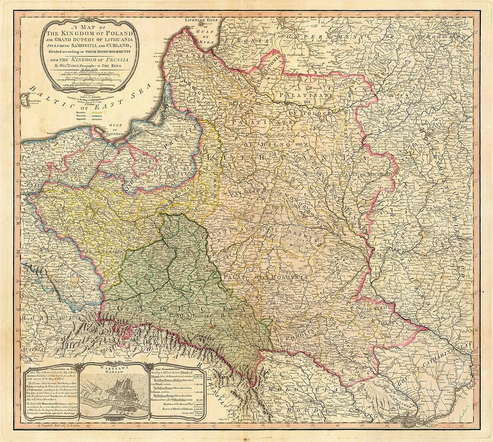 Mapa del Reino de Polonia y del Gran Ducado de Lituania, incluidas Samogitia y Curlandia, divididos según sus desmembraciones con el Reino de Prusia, de 1799