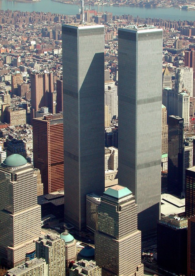The twin towers of the original World Trade Center complex as seen in March 2001