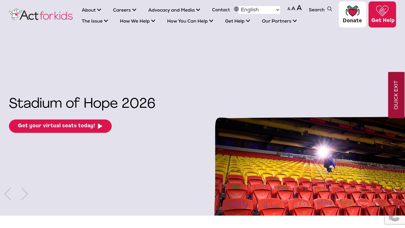 The home page of actforkids.com.au