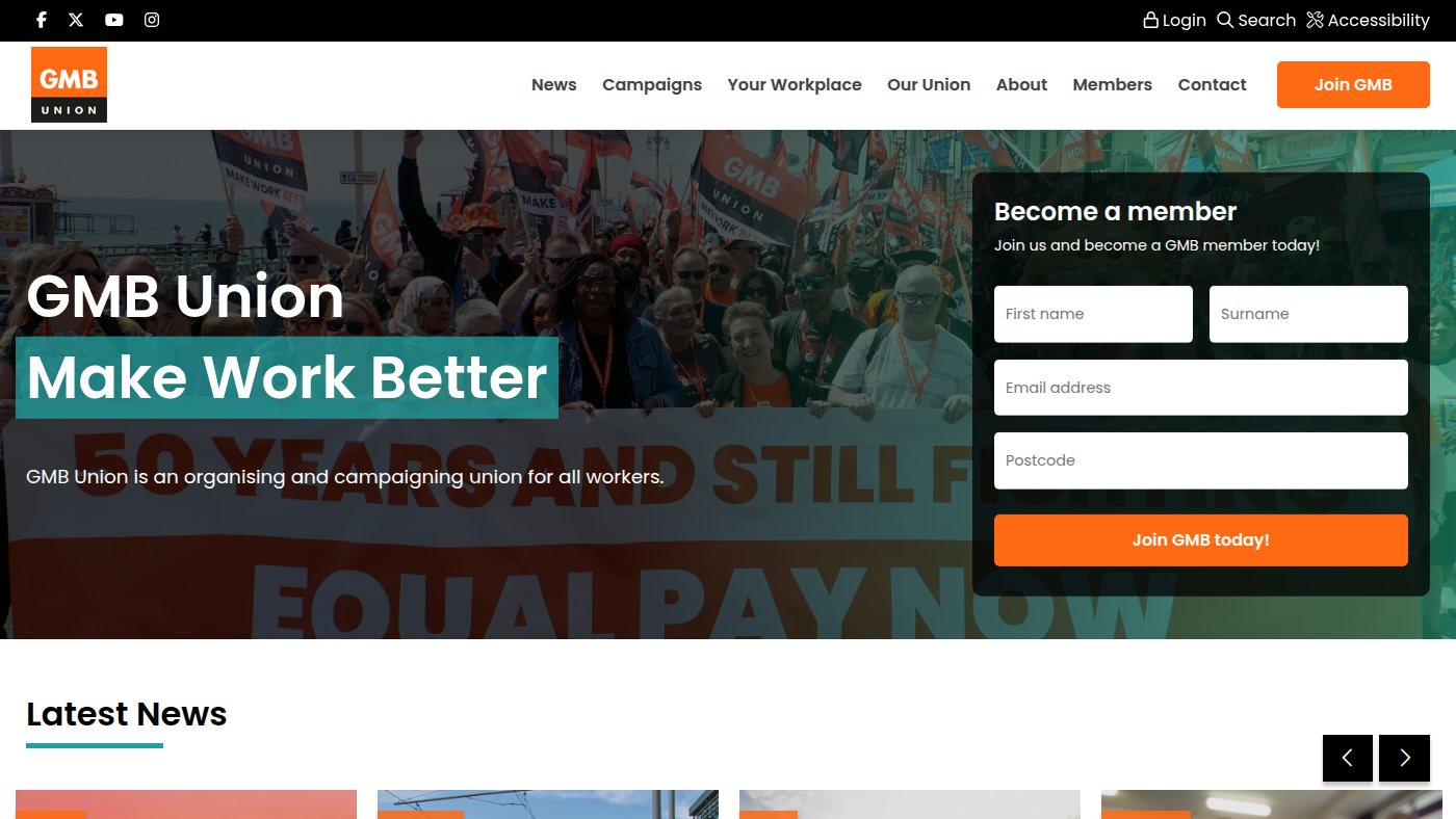 The home page of gmb.org.uk