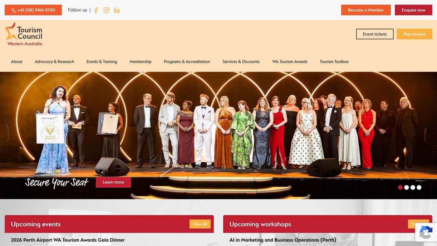 The home page of tourismcouncilwa.com.au