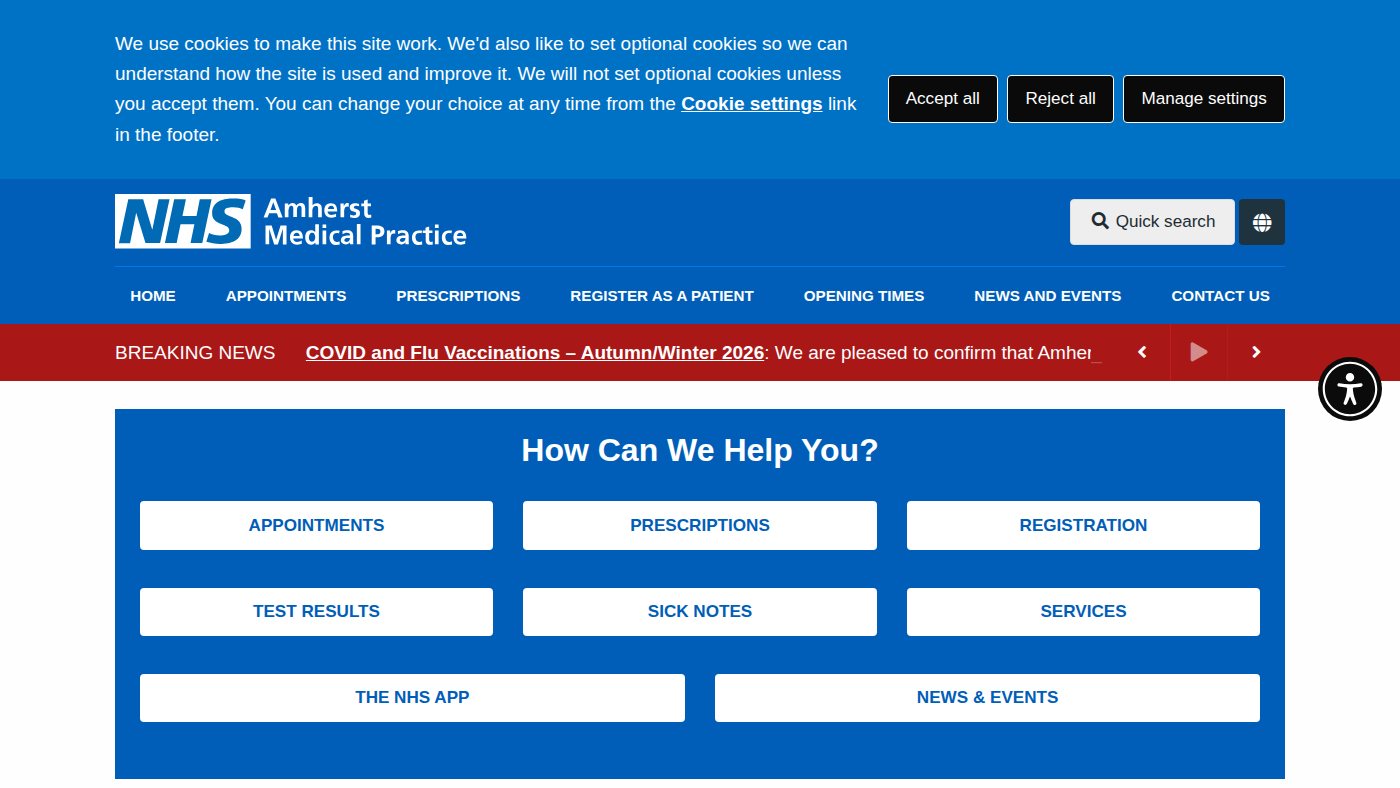 The home page of amherstmedicalpractice.co.uk