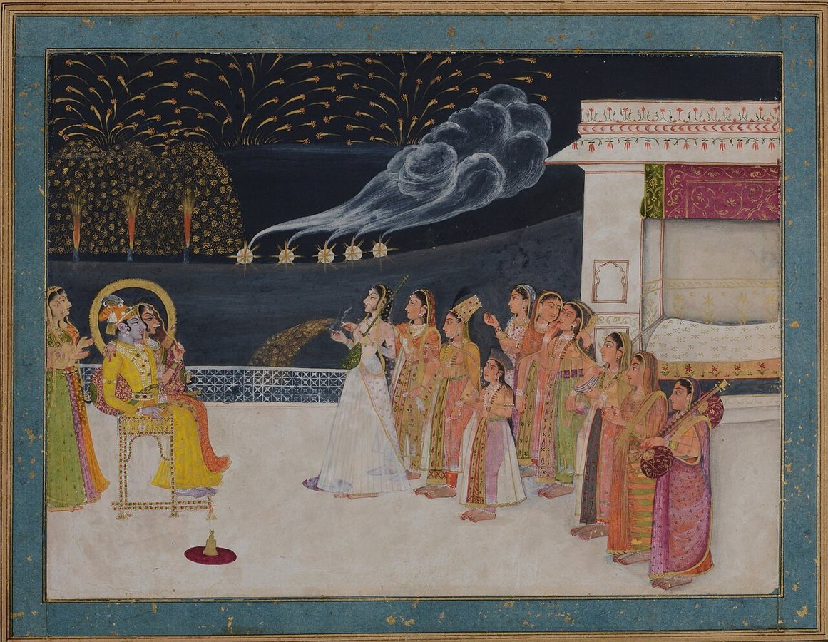 Radha i Kryszna świętujący Diwali, obraz Sitarama z Kishangarh, koniec XVIII wieku, Muzeum Narodowe, Nowe Delhi