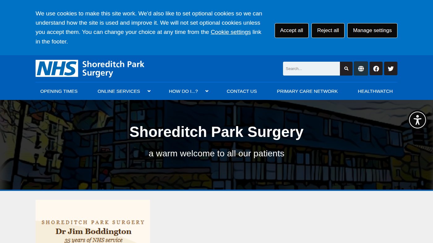The home page of shoreditchparksurgery.com