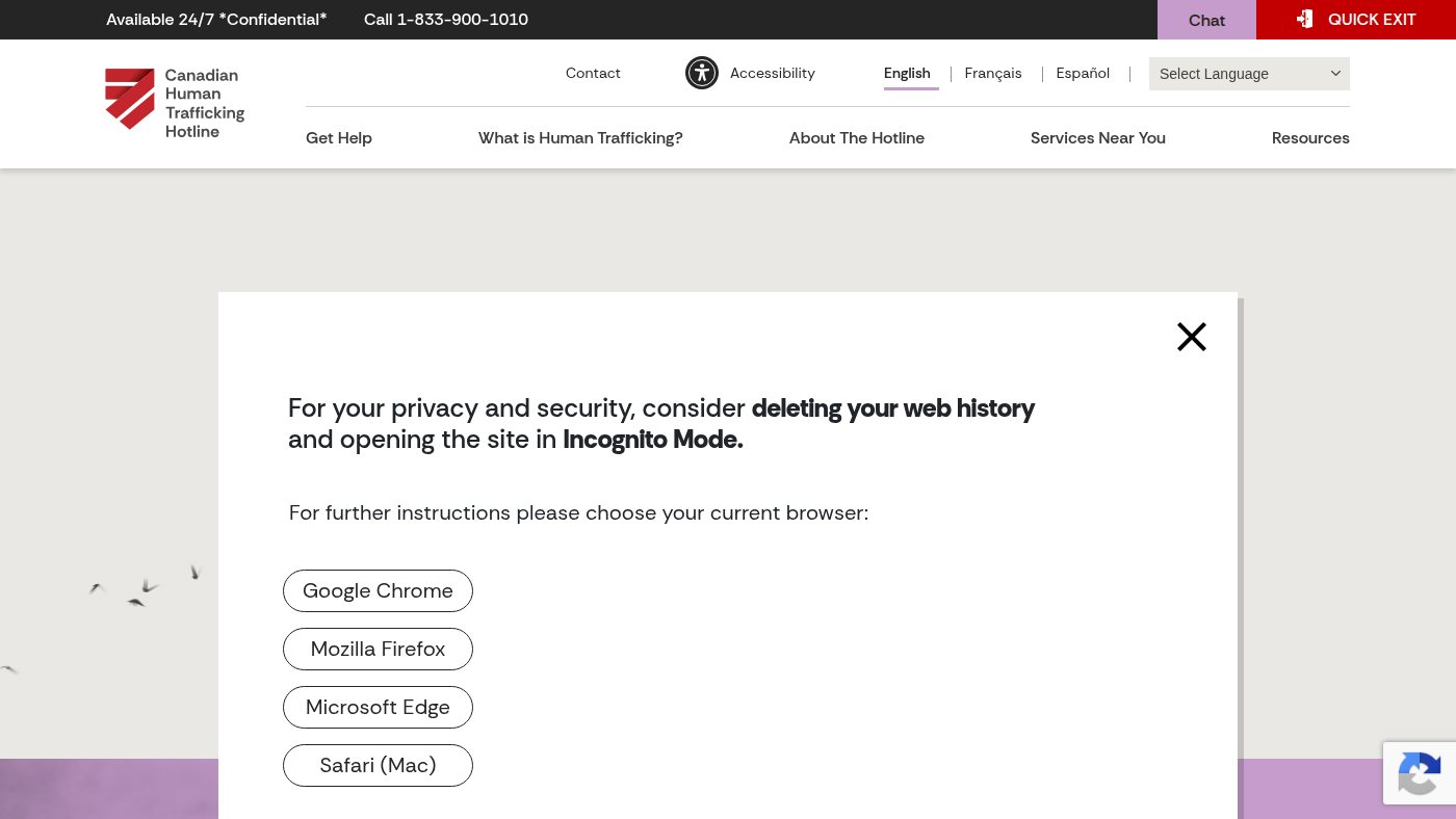 The home page of canadianhumantraffickinghotline.ca