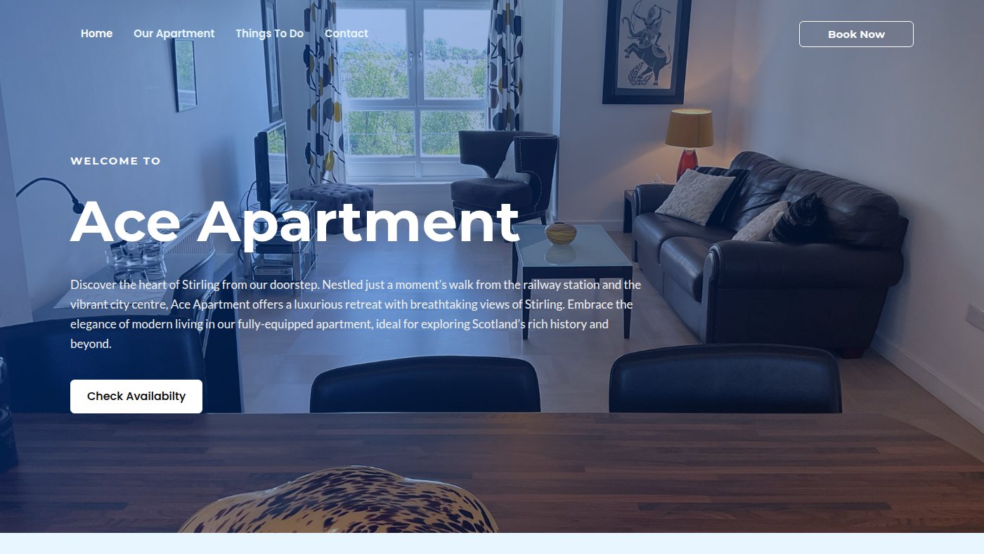 The home page of aceapartment.co.uk