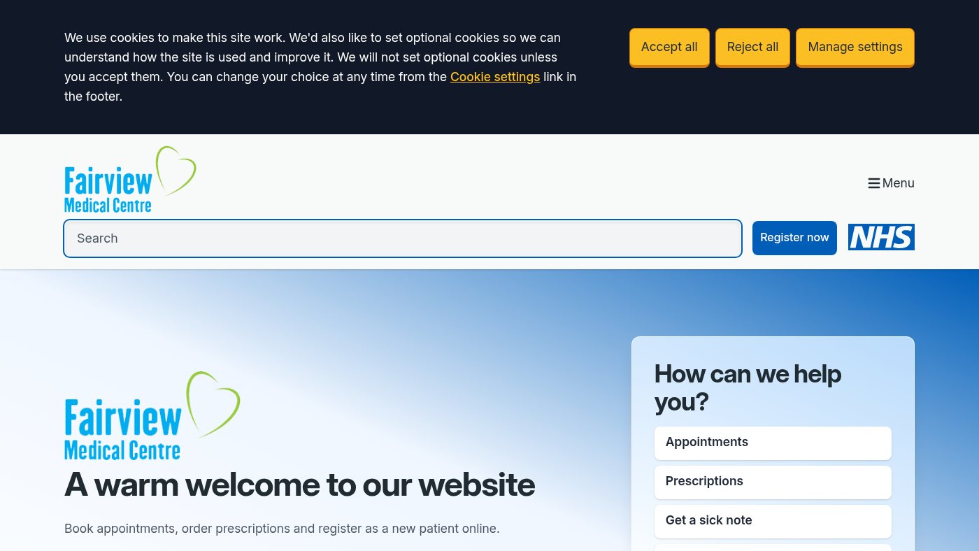 The home page of fairviewmedicalcentre.co.uk