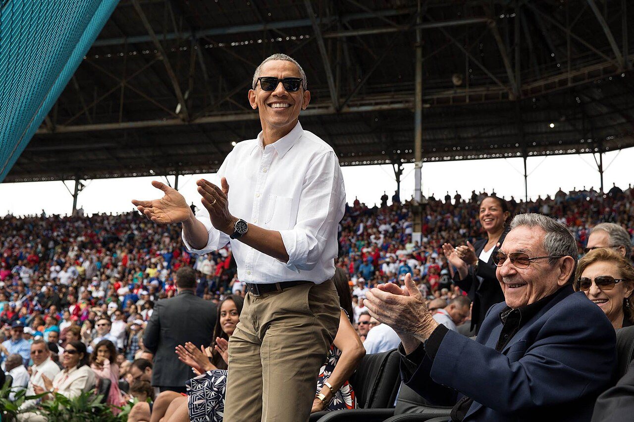 President Barack Obama and President Raúl Castro at an exhibition baseball game between the Tampa Bay Rays and the Cuban National Team at the Estadio Latinoamericano in Havana on 22 March 2016