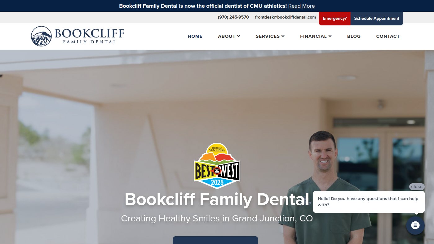 The home page of bookcliffdental.com