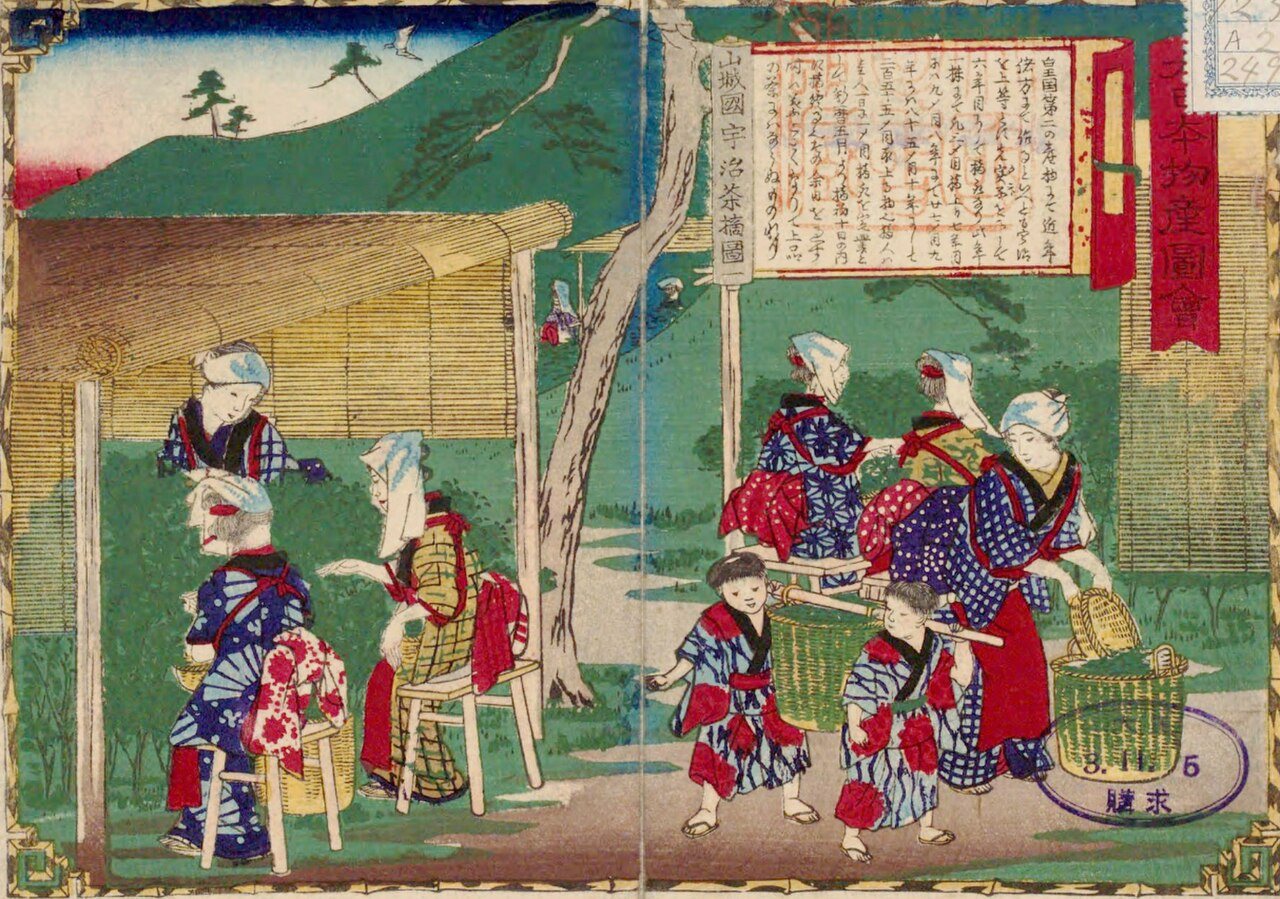 Estampe ukiyo-e de cueillette du thé à Uji, Kyoto, par Hiroshige III (1842–1894)