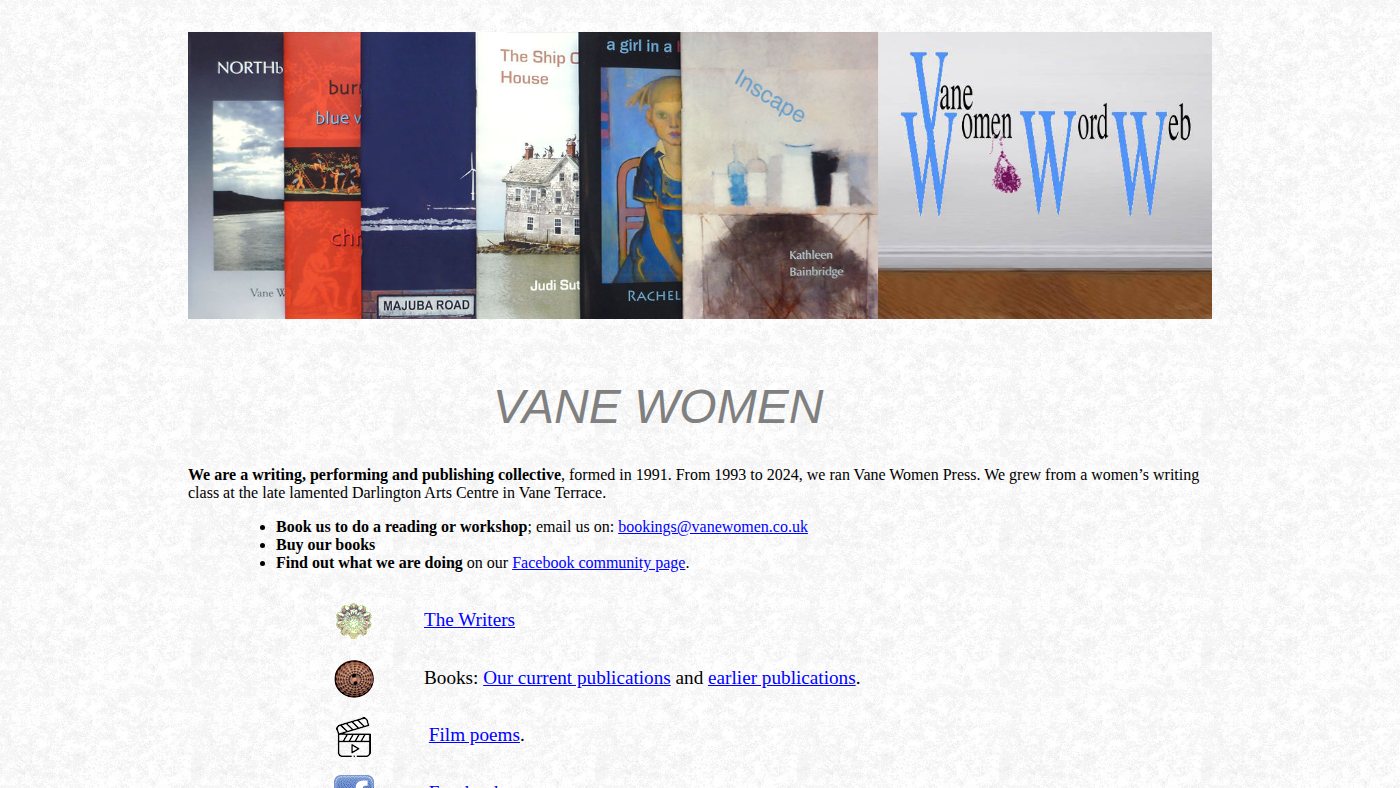 The home page of vanewomen.co.uk