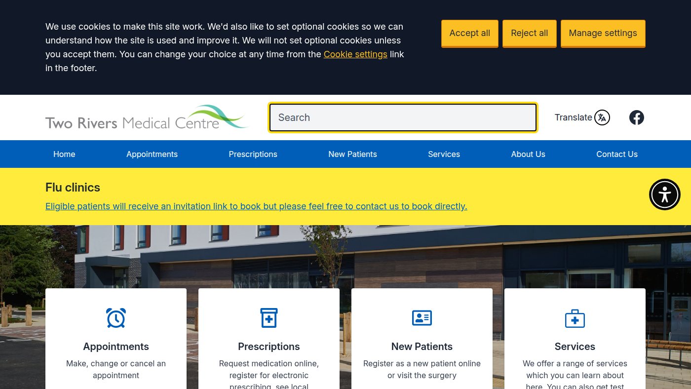 The home page of tworiversmedicalcentre.co.uk