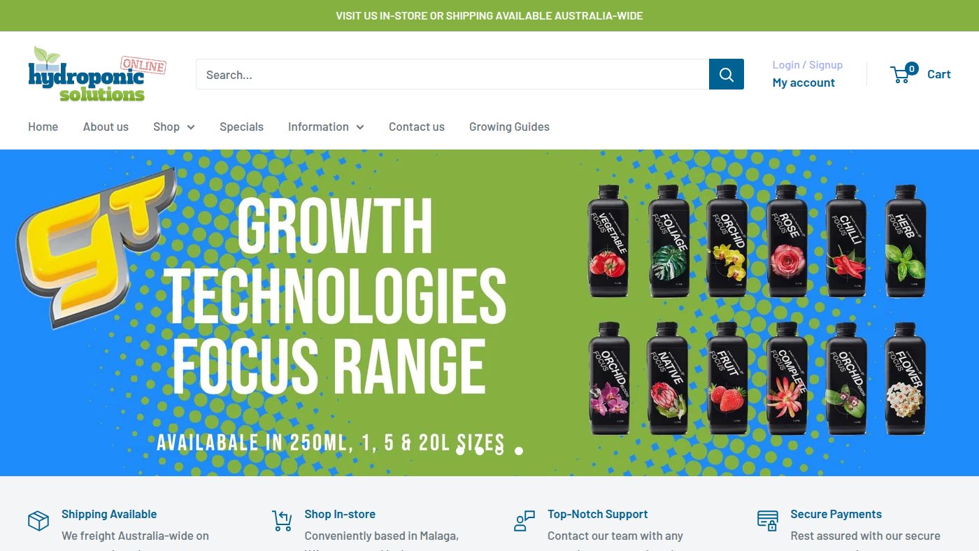 The home page of hydroponicsolutions.com.au