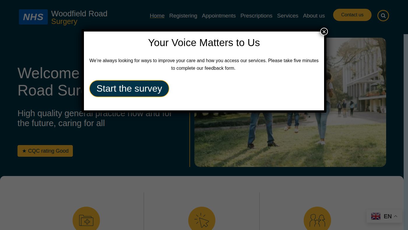 The home page of woodfieldroadsurgery.co.uk