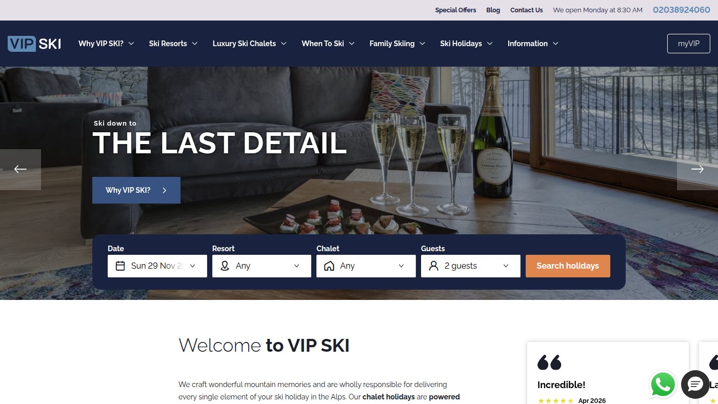 The home page of vip-chalets.com