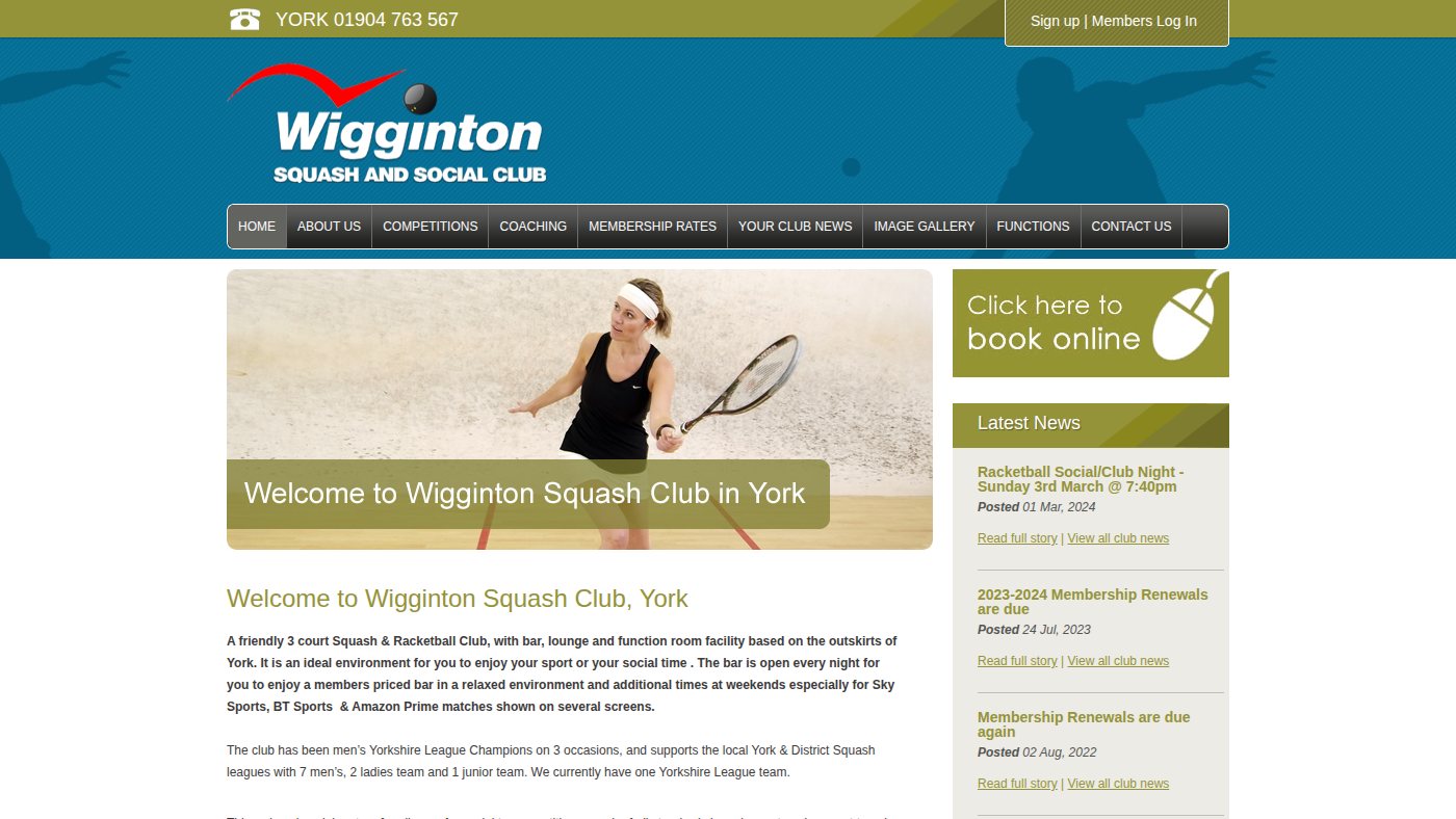 The home page of wiggintonsquash.co.uk