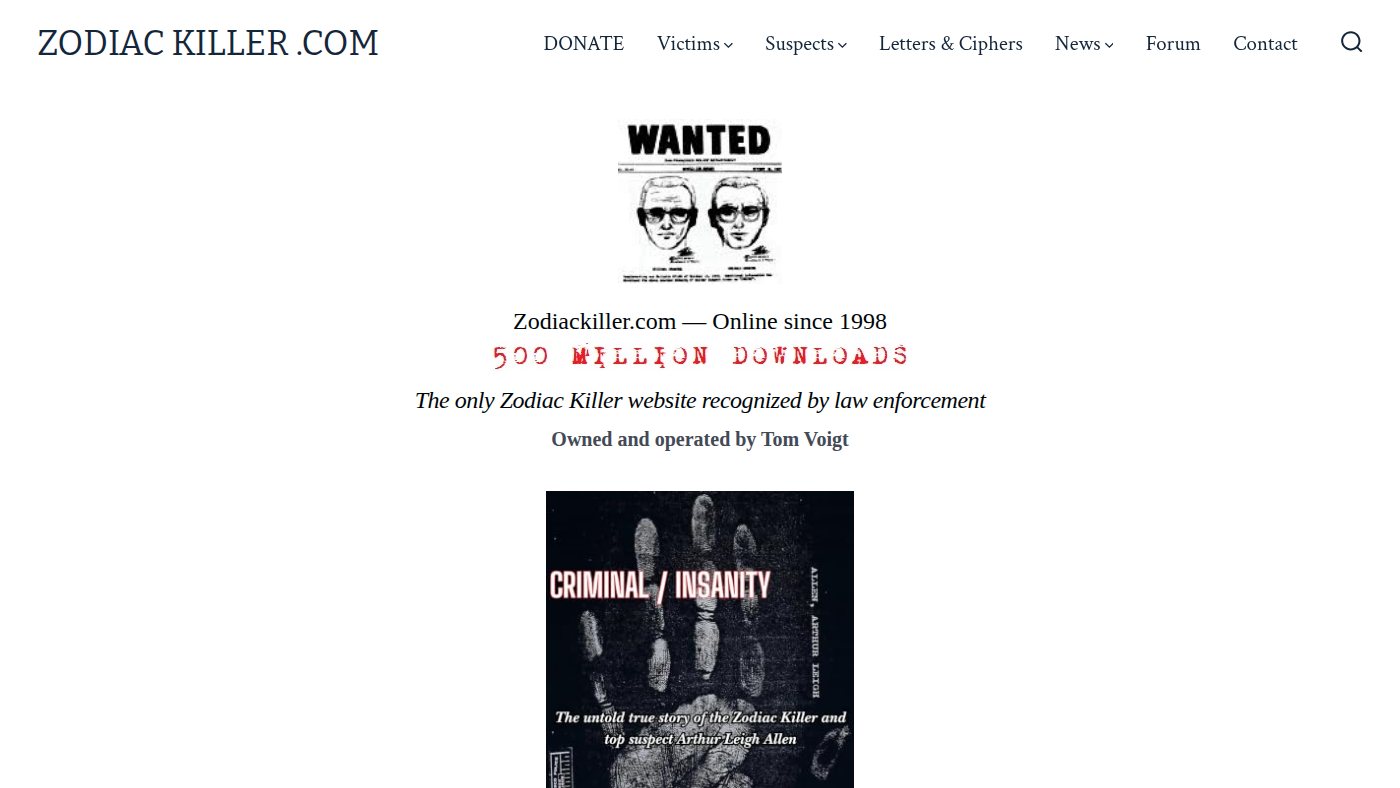 The home page of zodiackiller.com