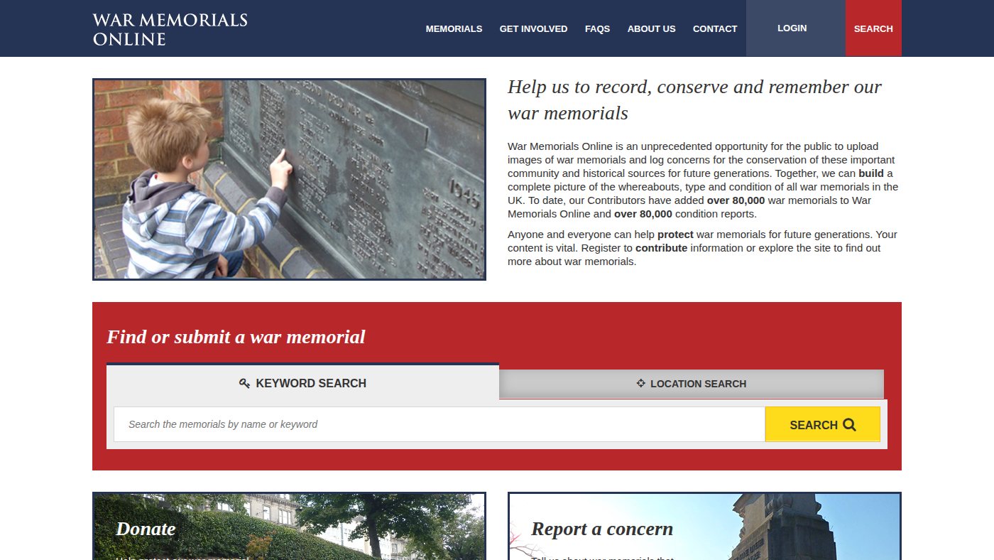The home page of warmemorialsonline.org.uk