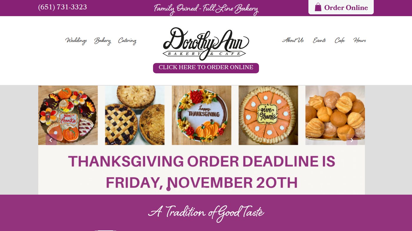 The home page of dorothyannbakery.com