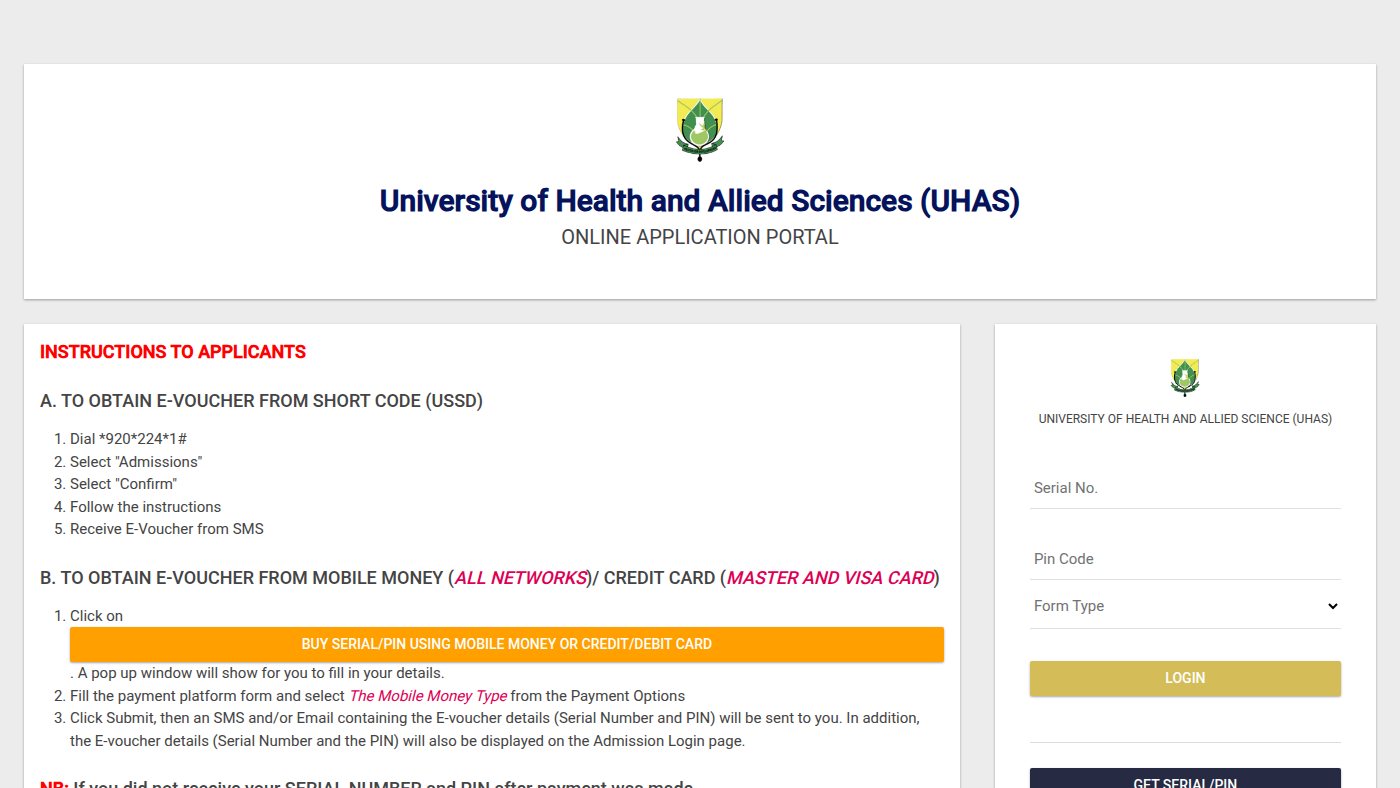The home page of admissions.uhas.edu.gh