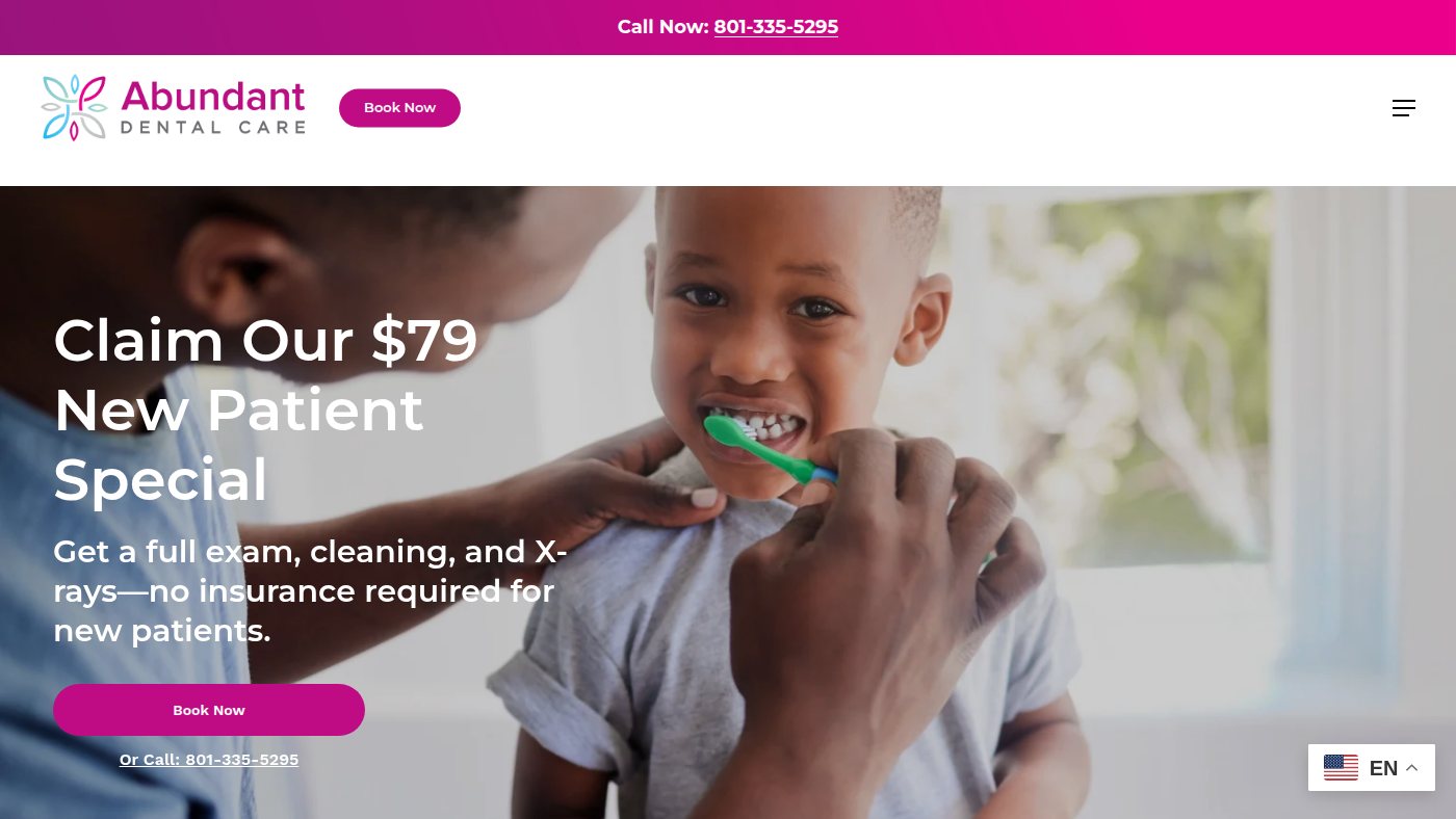 The home page of abundantdentalcare.com