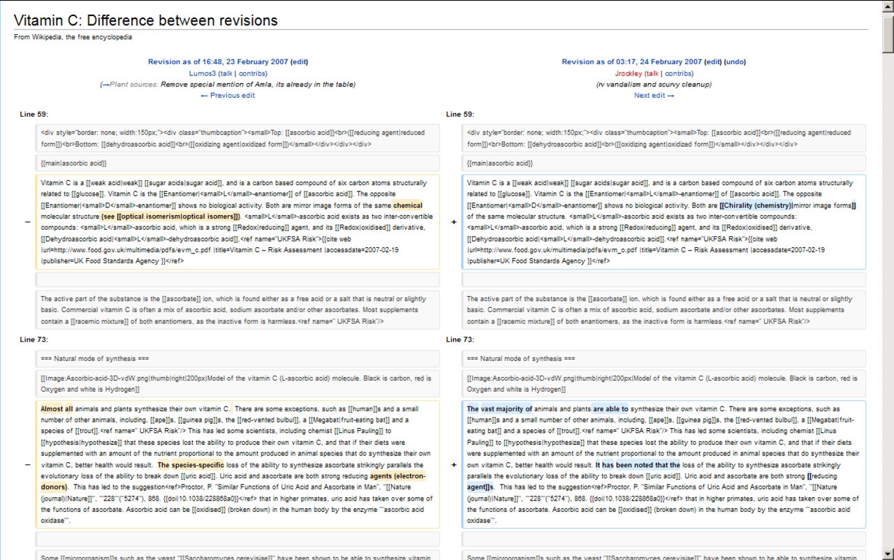 History comparison reports highlighting the changes between two revisions of a page