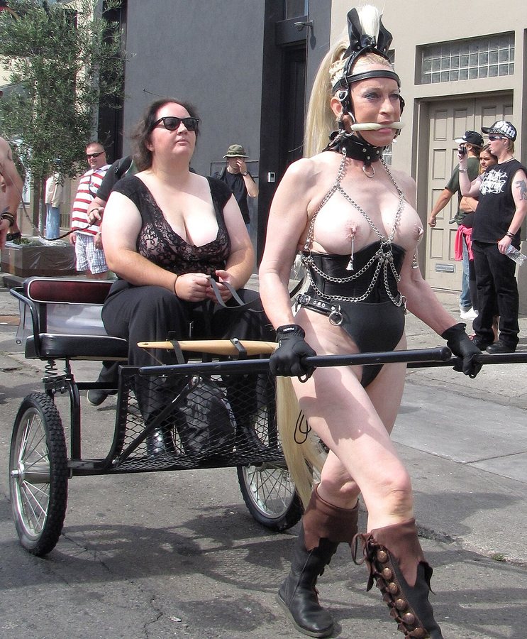 Wózek ciągnięty przez dziewczynę-kucyka, przykład petplay na Folsom Parade w 2012 roku, z knebelkiem, obrożą na szyję, pierścieniem O i smyczą, sygnalizującymi odgrywanie roli 'zwierzęcia domowego-niewolnika'