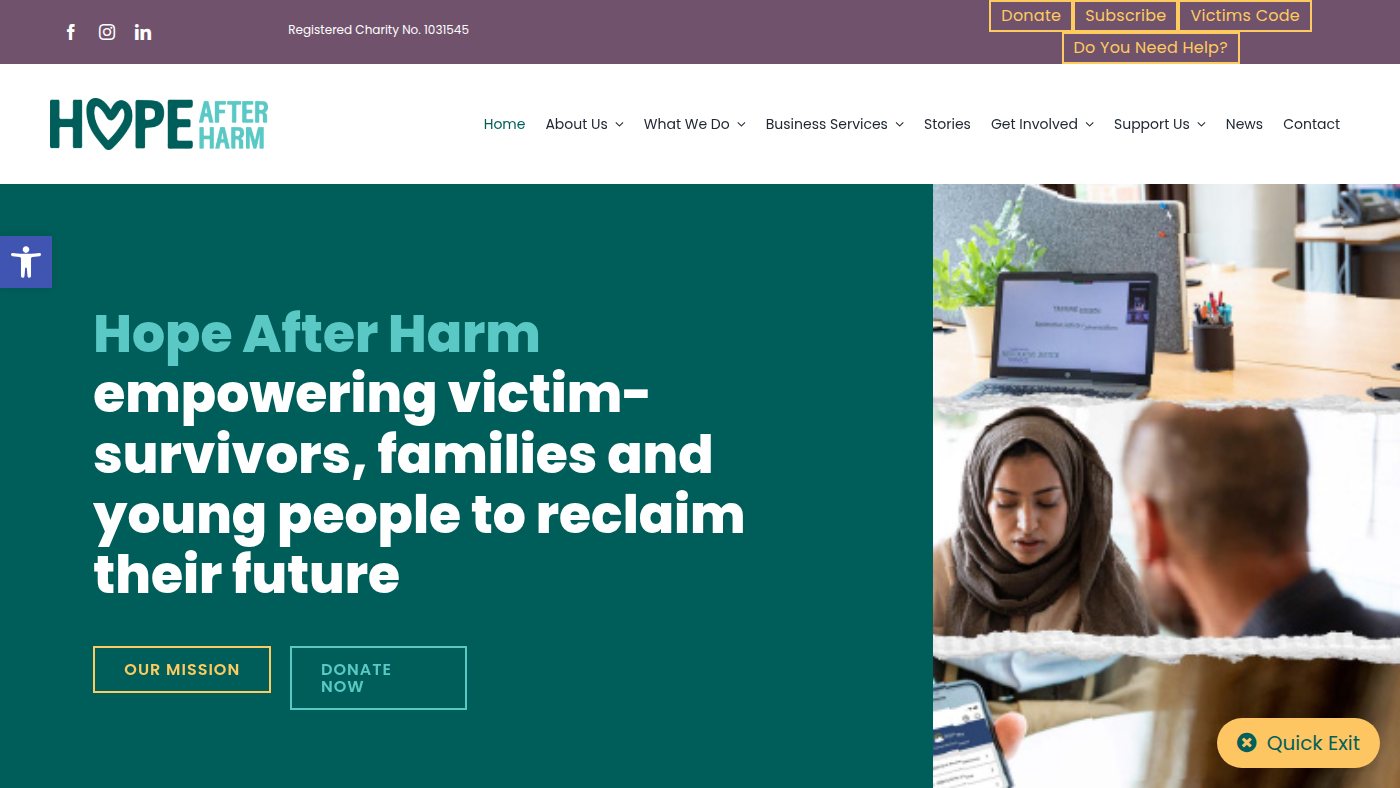 The home page of hopeafterharm.org.uk