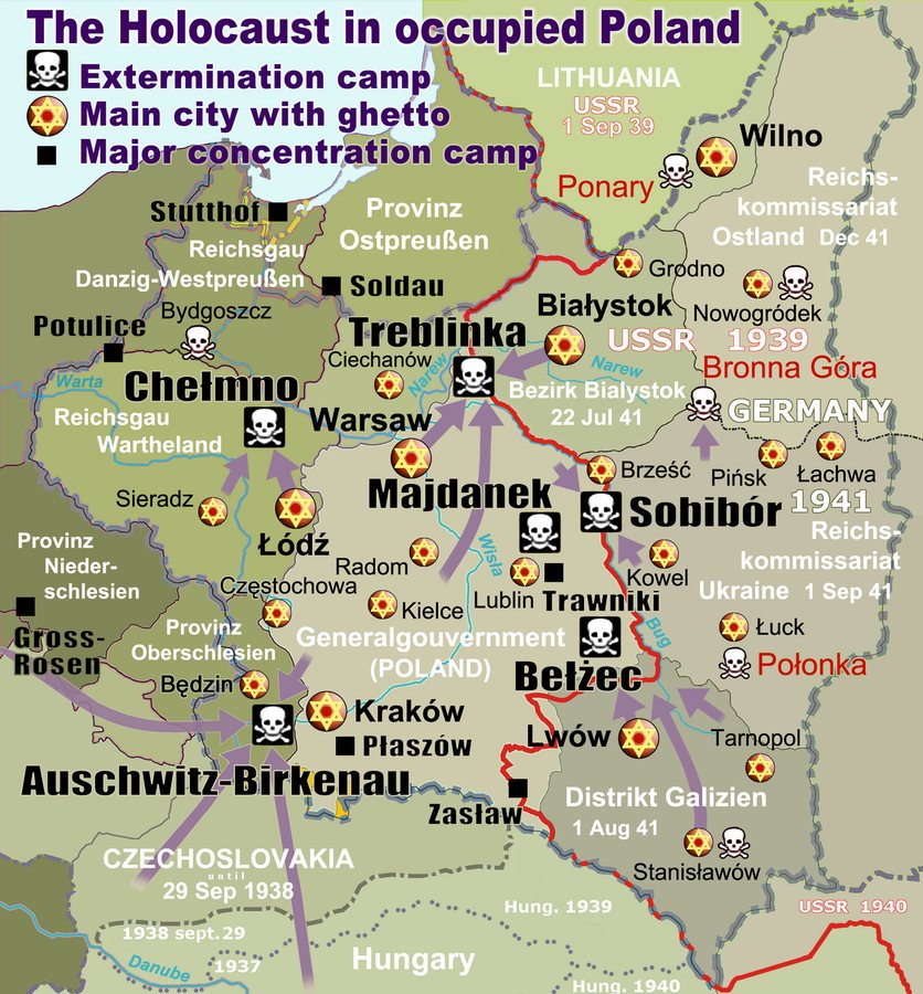 Mapa del Holocausto en la Polonia ocupada por Alemania, con las rutas de deportación, los principales guetos y los campos de exterminio nazis, y con la frontera germano-soviética de 1941 marcada en rojo